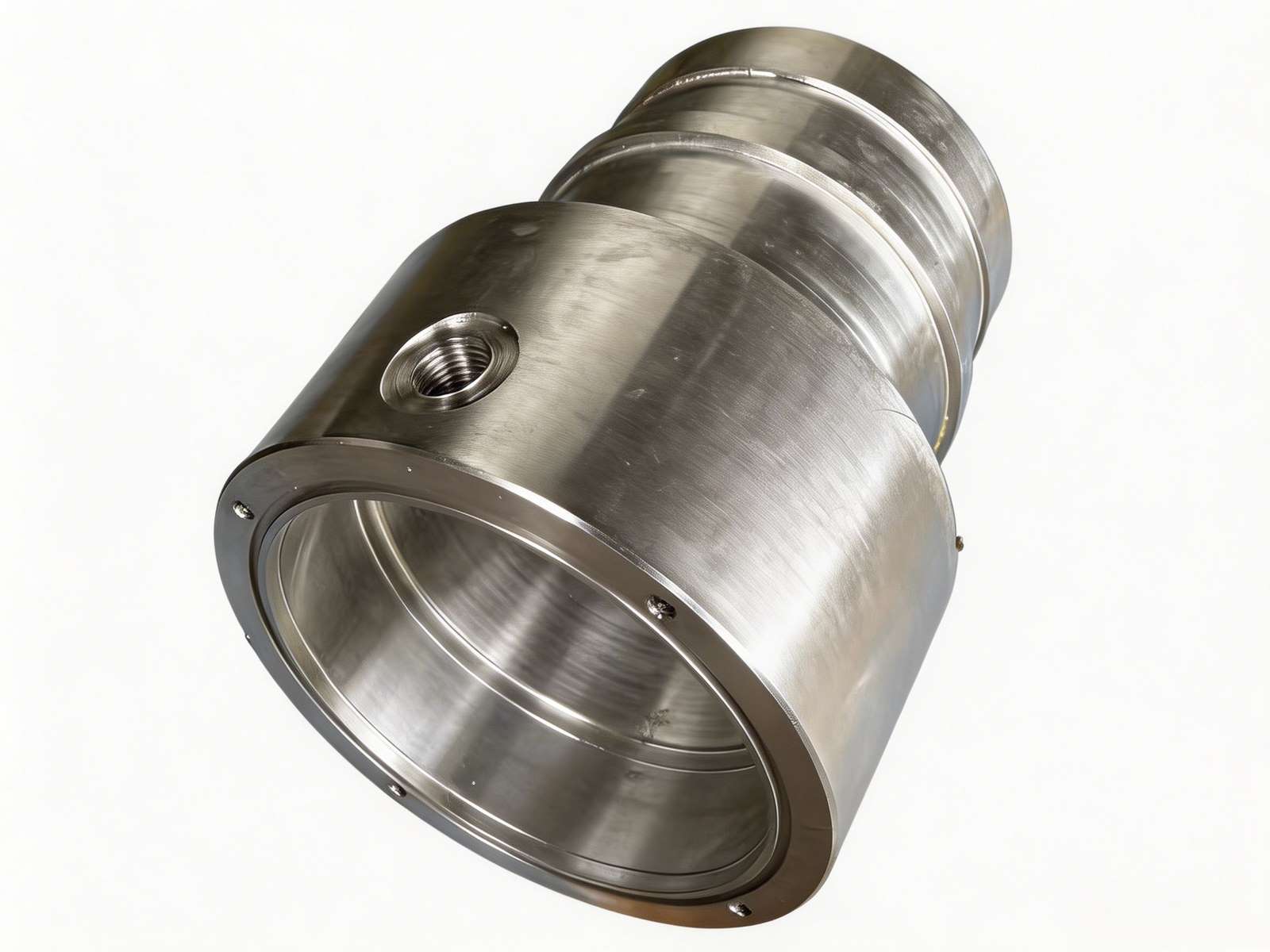 Custom 6061 aluminum CNC machined housing, precision turned aluminum cylinder component with threaded hole.