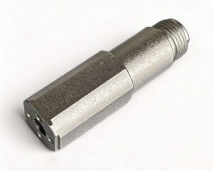 CNC machined 7075 aluminum part with bead blasting and clear anodized surface finish.