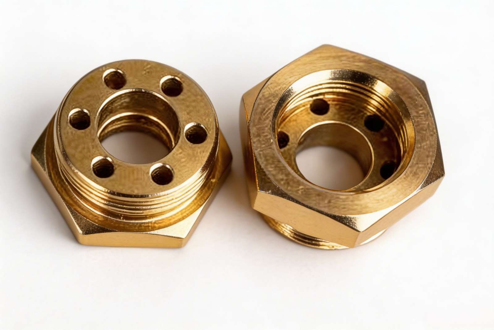 Precision brass CNC machining of threaded hex connector fittings with multi-hole design