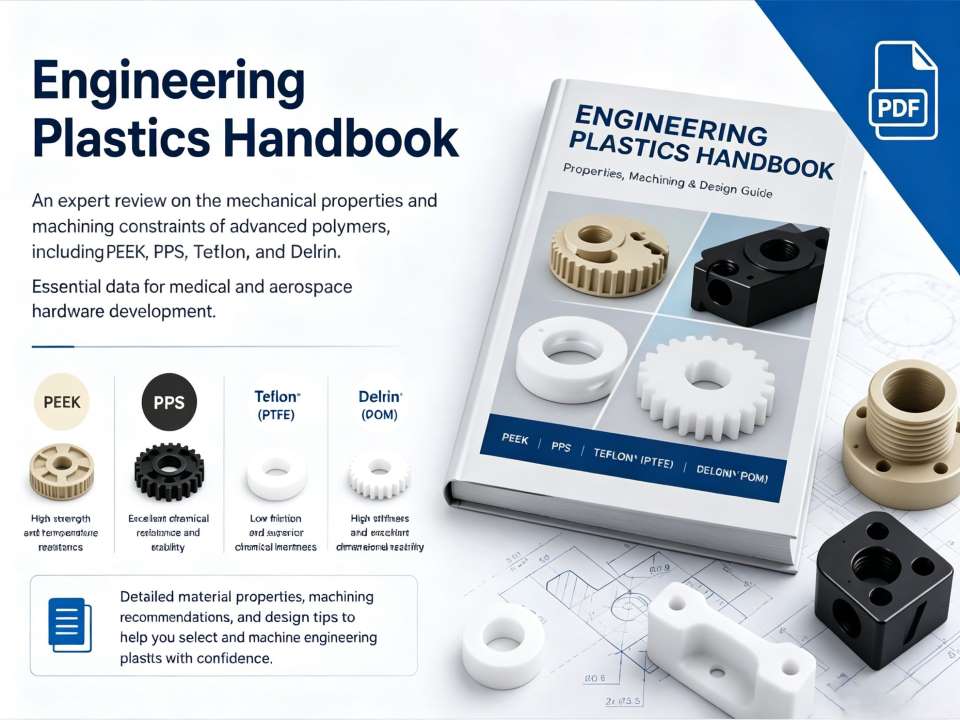 Engineering plastics handbook covering machining properties and constraints of PEEK, PPS, Teflon, and Delrin materials