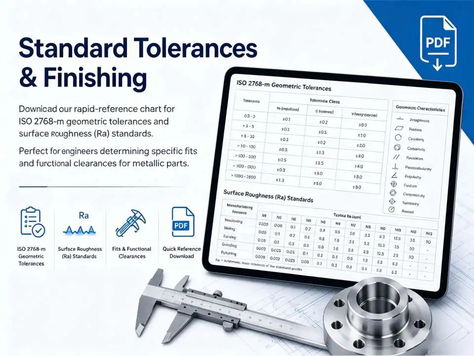 Engineering reference chart showing ISO 2768 tolerances and surface roughness standards for CNC machined parts