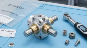 Complete mechanical sub-assembly on a blue workbench with precision tools and Zonclair QA passed certificate.