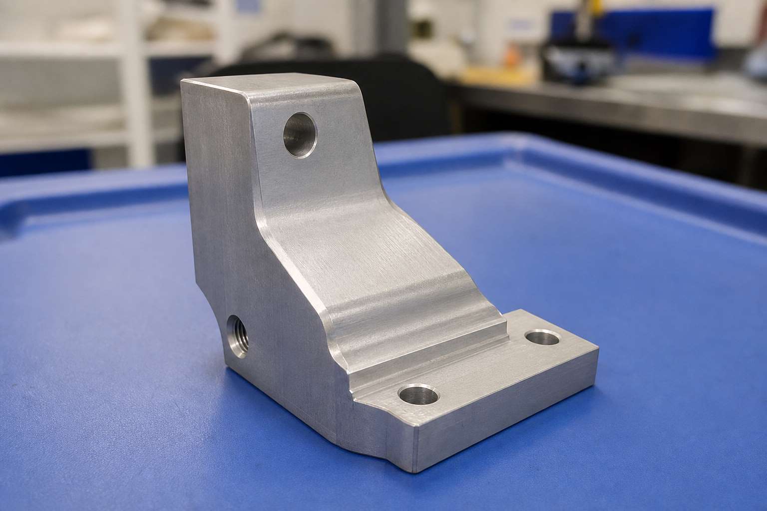 CNC milled aluminum component with blended contour transitions and stepped features