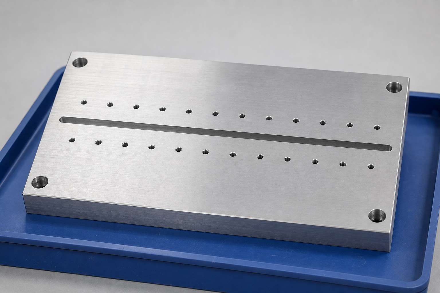 CNC milled aluminum fixture plate with slots and evenly spaced locating holes