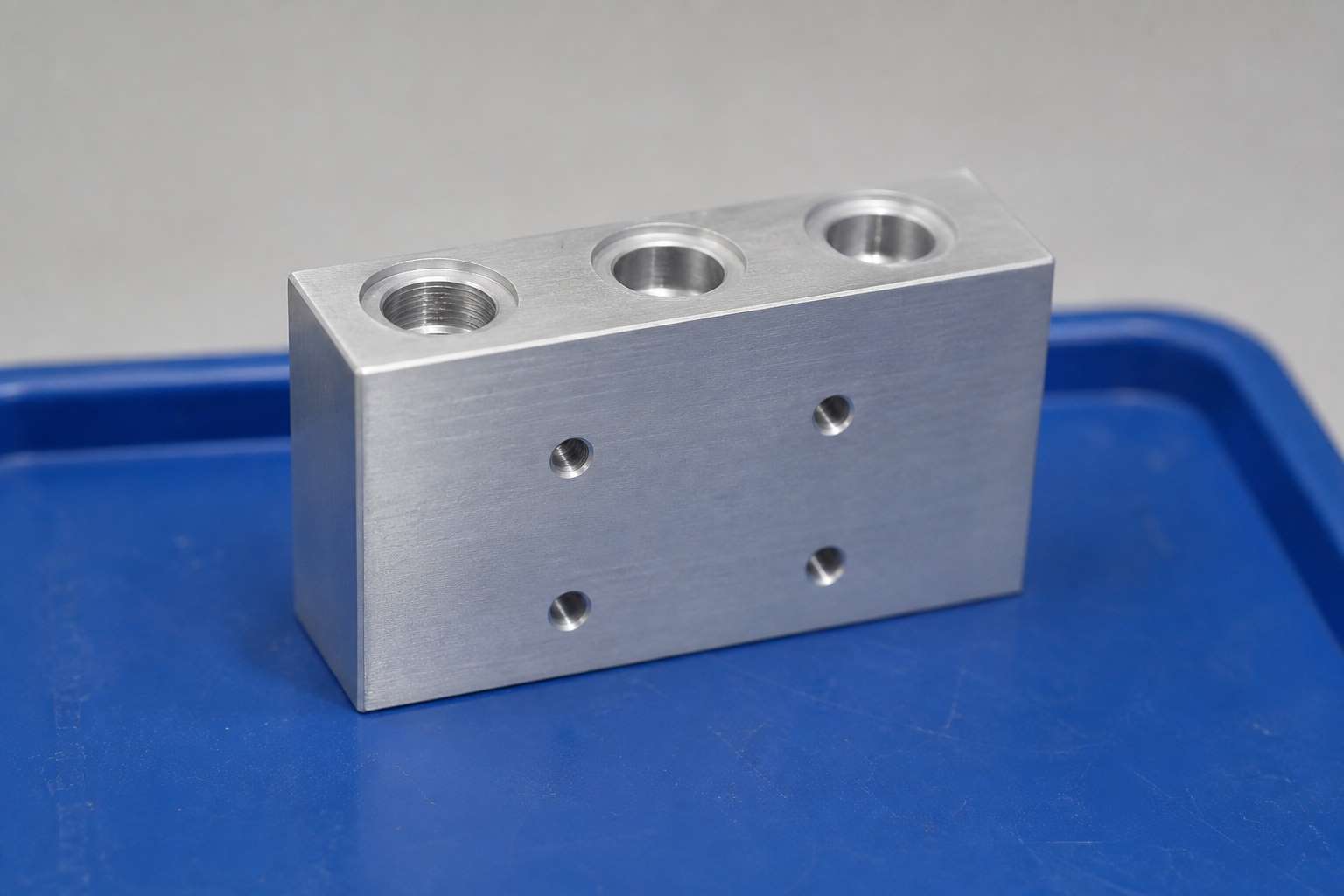 CNC milled aluminum interface block with ports and mating surfaces