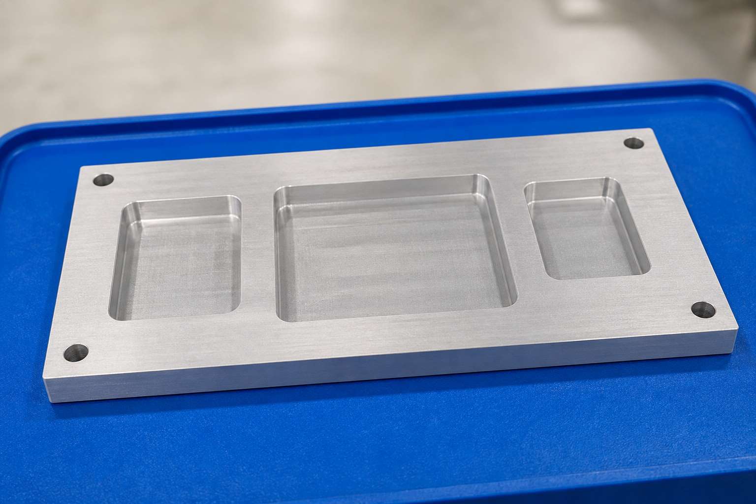 CNC milled aluminum plate with shallow weight-reduction pockets and mounting holes
