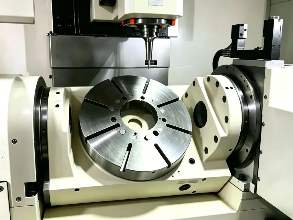 Cradle-type 5-axis CNC machining center with trunnion-style rotary tilt table inside the machining enclosure