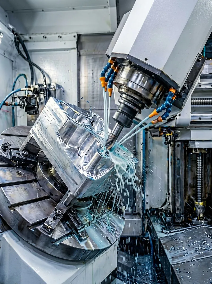 Zonclair high-precision 5-axis CNC machining services and custom hardware components manufacturing with coolant fluid spraying