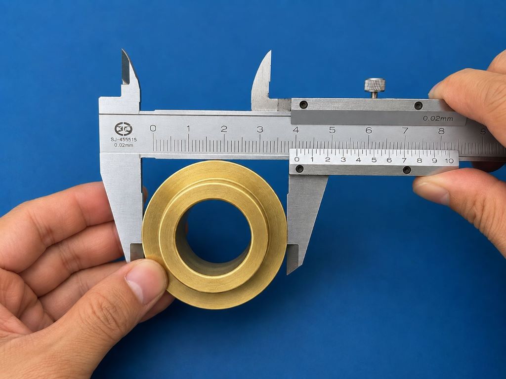In-process quality control (IPQC) checking CNC machined part tolerances with a digital caliper.