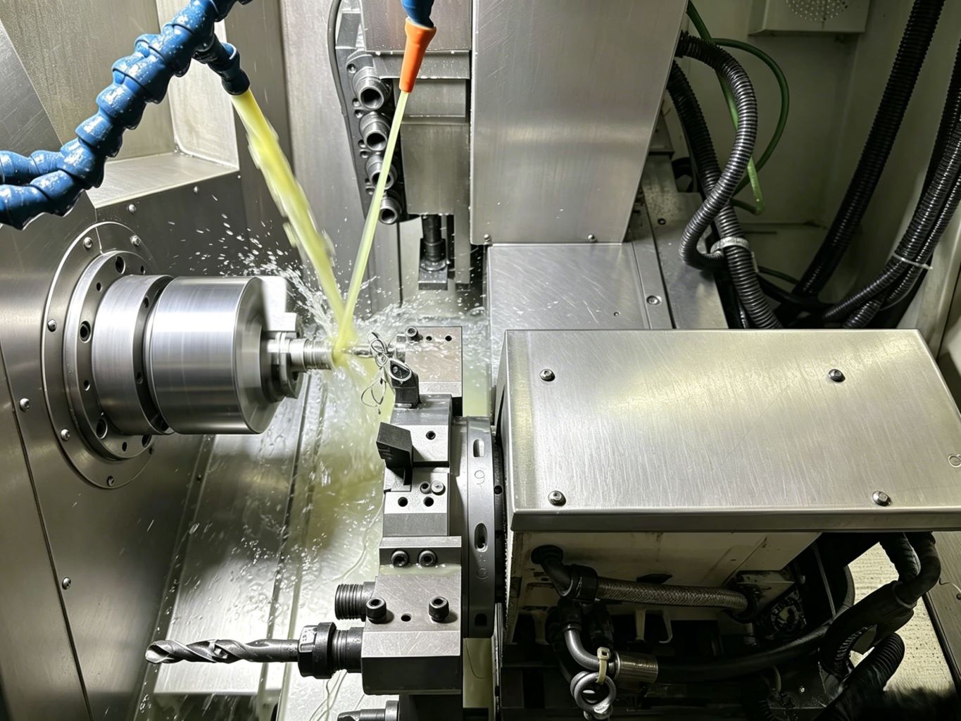 processing-v3 Horizontal CNC milling of steel part on machining center with coolant — Zonclair