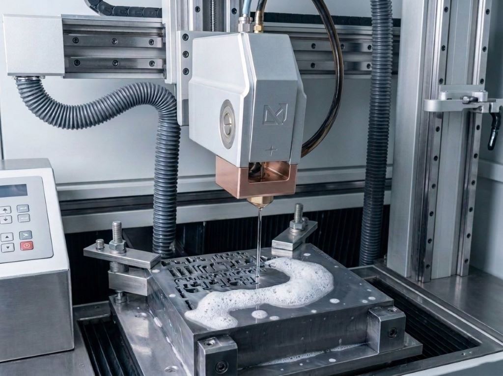High-precision wire EDM process cutting complex geometries into a steel mold component with clean water dielectric flushing