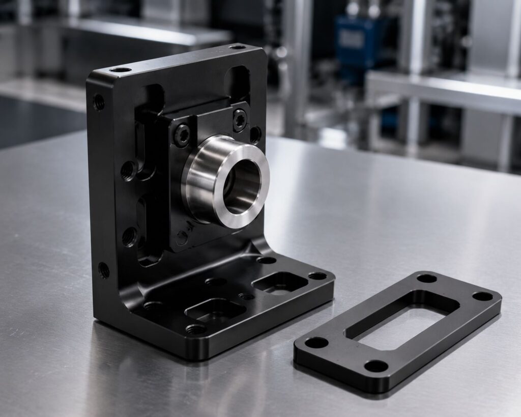 precision-cnc-machined-assembly-industrial-automation-module Fully assembled CNC machined aluminum positioning module with black anodized finish and stainless steel precision components for industrial automation equipment