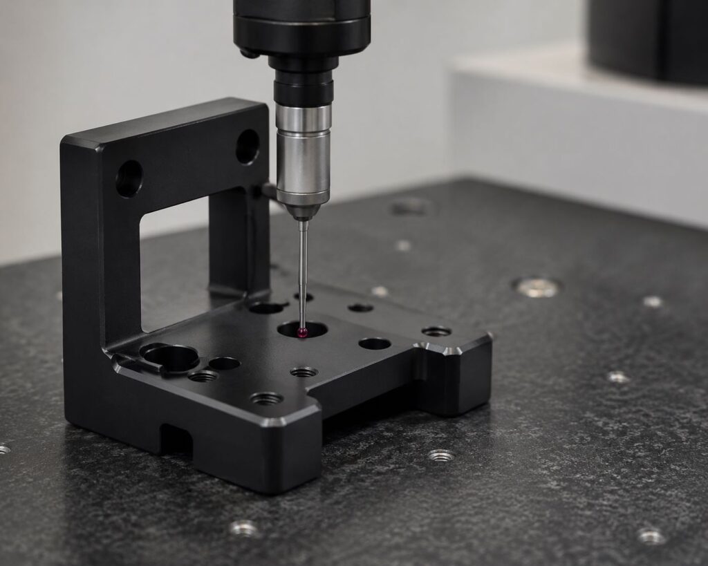 zeiss-cmm-inspection-cnc-machined-aluminum-part Precision CNC machined aluminum component being measured with a ZEISS CMM coordinate measuring machine for quality control and dimensional accuracy verification